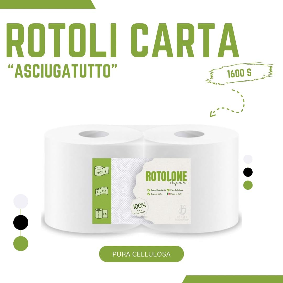 Coppia rotolone asciugatutto 800 Strappi - 2 Rotoli, 800 Strappi per Rotolo, Pura Cellulosa 2 Veli, Microgoffratura - Perfetti per Alimentari E Industria