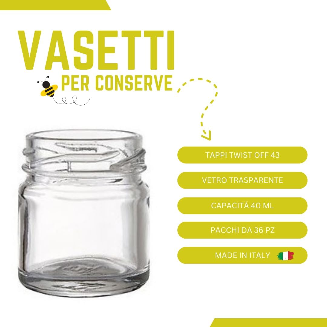 36 vasetti vetro PICCOLI per monodose con flaconcini e contagocce per miele confetture marmellata bomboniere segnaposto - vasetti 40 ml tappo twist-off