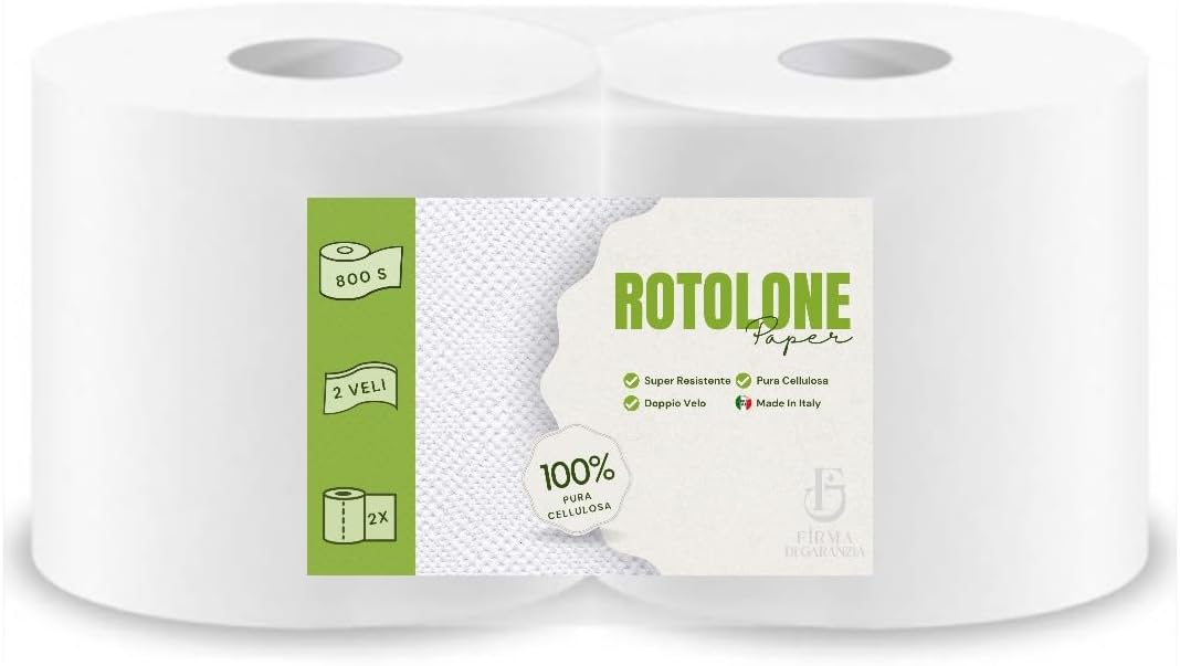 Coppia rotolone asciugatutto 800 Strappi - 2 Rotoli, 800 Strappi per Rotolo, Pura Cellulosa 2 Veli, Microgoffratura - Perfetti per Alimentari E Industria