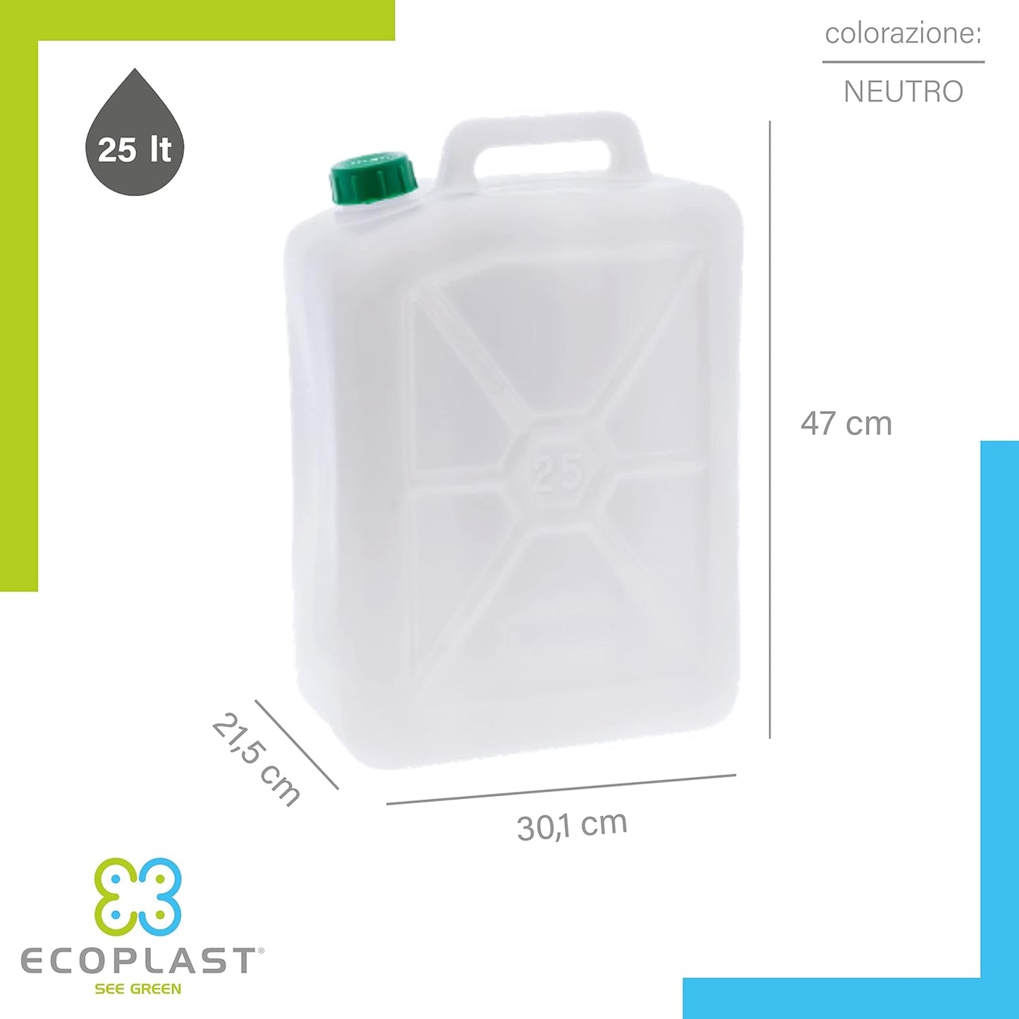 Tanica 25 Litri, Fusto in Plastica, Colore Neutro, Made in Italy