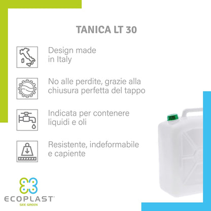 Tanica 30 Litri, Fusto in Plastica, Colore Neutro, Made in Italy